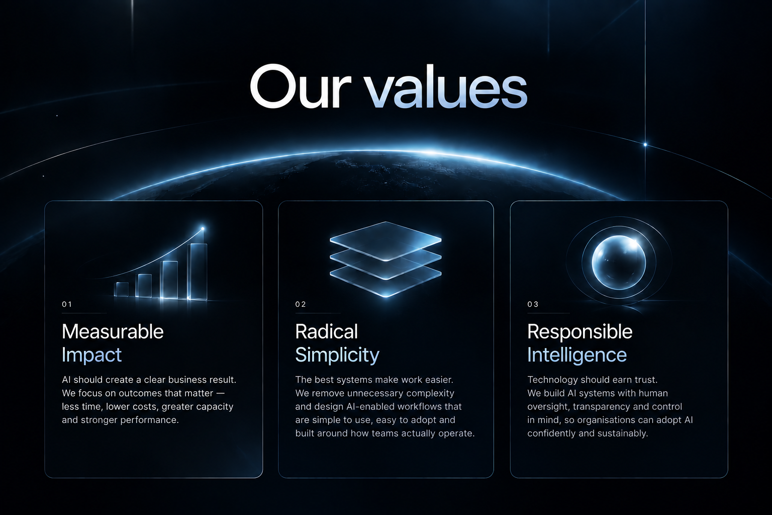 Our values: Measurable Impact, Radical Simplicity and Responsible Intelligence